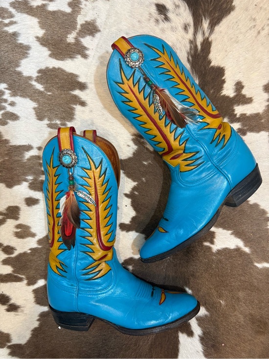 Tony Lama Shoes - Hand Painted TonyLama Turquoise and Yellow Western Feathered Cowboy Boots size 8
